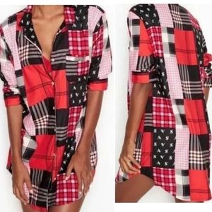 Victorias Secret Sleep Shirt Patchwork Button Down Night Shirt Red Pink Medium